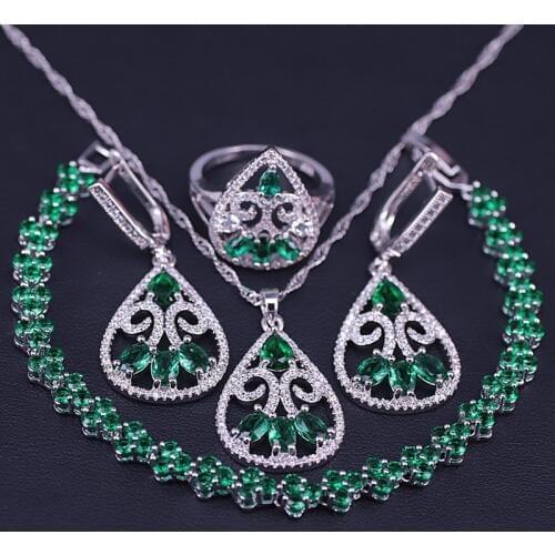 Russian Style Unique Style Green Zircon Silver Color Costume Jewelry Set For Women Bracelet Ring Earrings Set With Necklace