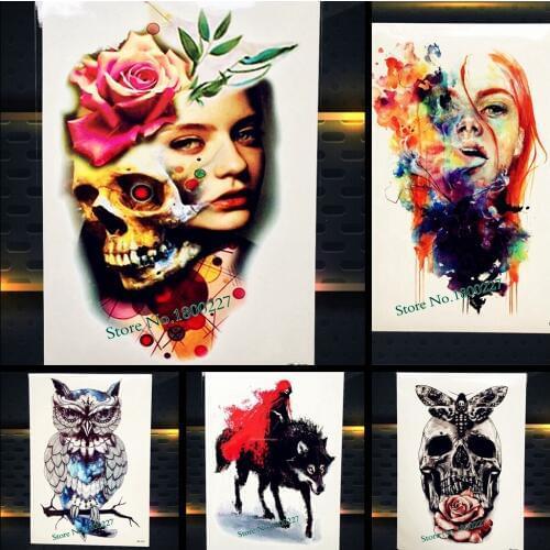 Sexy Roses Skull Temporary Tattoo Henna Women Fake Flash Body Art ARm Tattoo Stickers 21*15CM 3D Waterproof Girl Tatoo Legs
