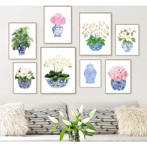 Blue and White China Magnolia Hydrangea Prints Chinoiserie Art Canvas Painting Gallery Wall Art Picture Poster Trendy Wall Decor