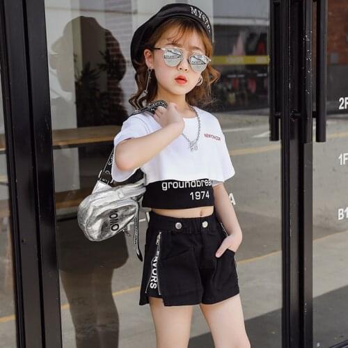 Girls Sport Short-sleeved Set 2021 New Childrens Denim Shorts + Letter Vest + Loose Short T-shirt 3PCS Kids Casual Dance Suit