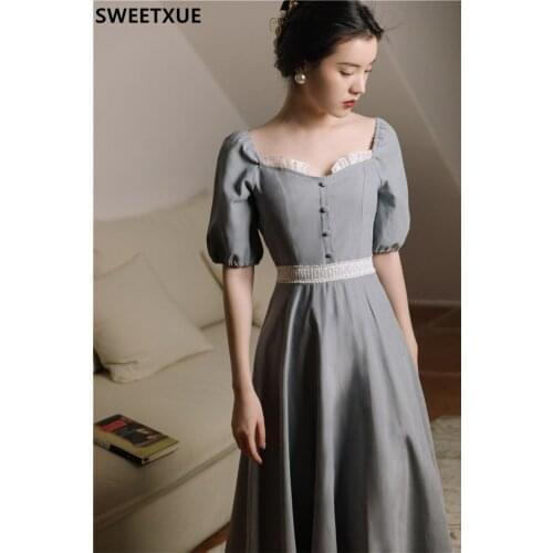 SWEETXUE 2021 Summer Puff Sleeves Vintage Square Collar Temperament Beach Vacation Dress Womens 2021 Chic Party Female Vestidos