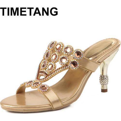 TIMETANG Women Rhinestone High Heels Slippers Party Shoes Open Toe Summer Slip Luxury Diamond High Heels Sandals Big Size 43 44