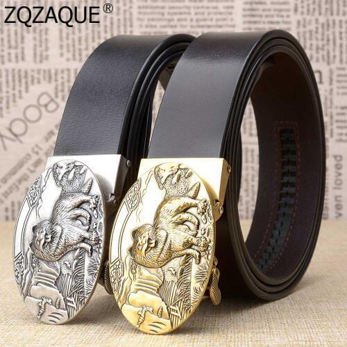 Vintage Fashion Mens Business Belts Good Quality Real Cow Leather Decor Waistbands Round Auto Buckle Wolf Pattern Straps SY1785