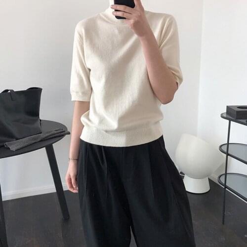 Women Beige Knitting T-shirt New Arrivals Turteneck Short Sleeve Fashion Temperament Tide Spring Autumn 2021 Z286