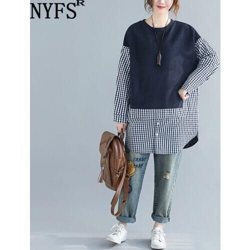 NYFS 2021 New Autumn Women Tops Vintage Cotton blouses Fashion Woman blusas Lattice stitching fake two pieces shirt