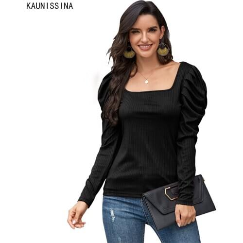 Woman Tshirts Autumn Spring Long Puff Sleeve Vintage Tshirt Square Collar Streetwear Casual Slim Fit Solid Pullovers Chic Tops