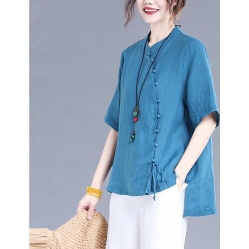 Oversized Cotton Linen Shirts Women Summer Loose Casual Tops New 2020 Vintage Style Mandarin Collar Woman Blouses Shirts P1191