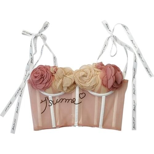 Womens 3D Flowers Crop Top Sexy Bandage Corset Top Mesh Rave Outfit Cropped Yk2 Clothing