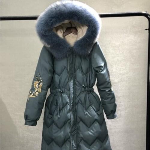 Womens winter long, white, duck down, coat, womens, natural fox fur, collar, down jacket