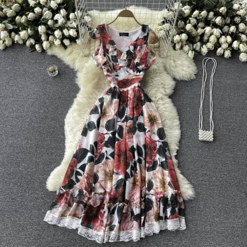 Luxury Quality 2021 Summer Elegant Womens V Neck Sleeveless Floral Print Ruffles Lace Long Dress Female Vacation Party Dresses