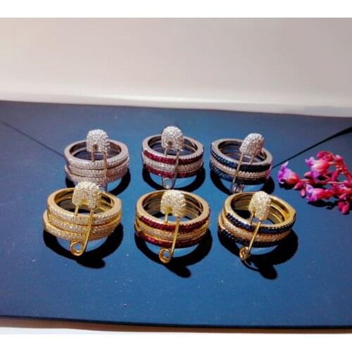 SLJELY Fashion Real 925 Sterling Silver Multicolor Triple Hoops and Safety Pin Ring Micro 3A Cuibc Zirconia Women Brand Jewelry