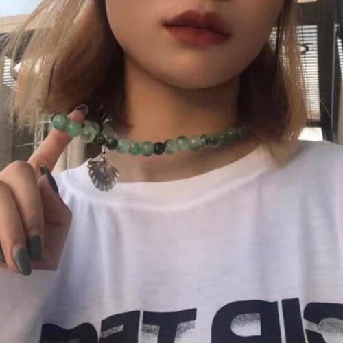 Y2K Green Round Beads Beaded Necklace for Women Vintage Metal Fan Pendant Necklace Elegant Choker Necklace Fashion Jewelry 90s