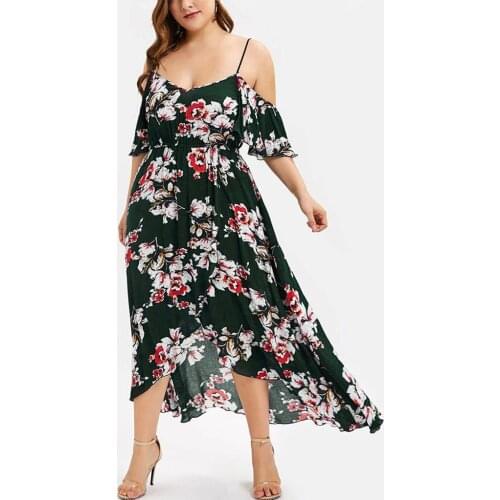 5xl Plus Size Floral Print Chiffon Dress Sling Strapless Cold Shoulder Dress Women Casual Short Sleeve Irregular Boho Dresses A5