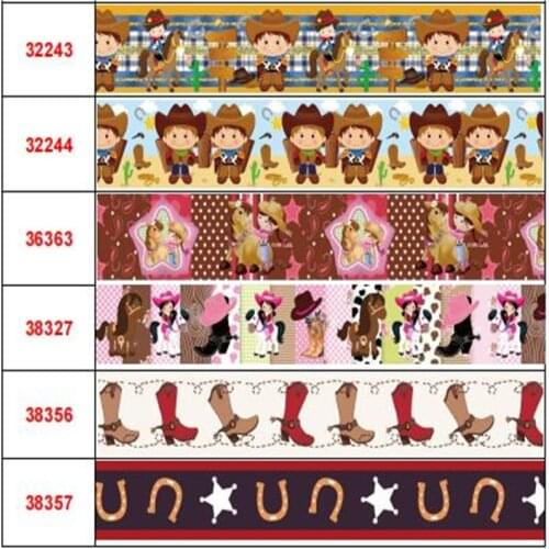 16mm 22mm 25mm 38mm Cartoon Cowboy/Cartoon Boots Printed Grosgrain Ribbon Flower Ribbon Elastic Band For Handmade Bow 50Yards