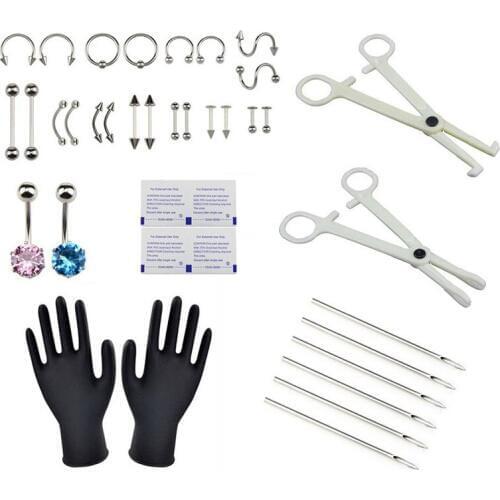 38PCS/Set Belly Nipple Eyebrow Lip Nose Ring Tongue Body Piercing Kit Jewelry Tool Piercing Needles