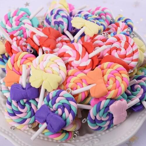 5Pcs/Lot Mixed Colors Sweet Lovely Bow Lollipop Shape Polymer Clay Pendants For Jewelry Making Diy Key Necklace Accessories