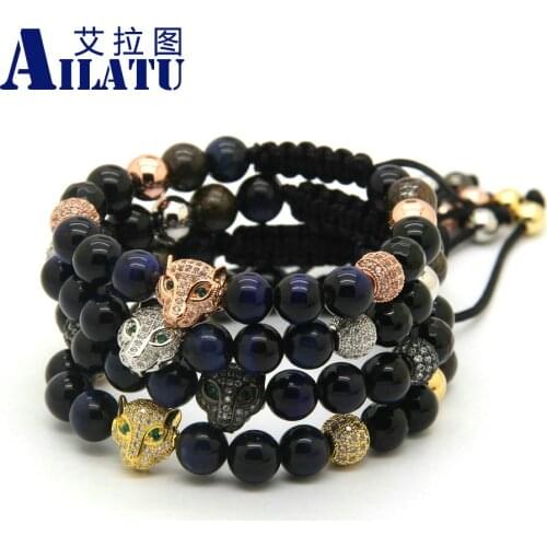 Ailatu Wholesale 10pcs/lot 8mm Blue Tiger Eye Stone Beads New Leopard Head Braided Macrame European American Weaving Bracelets