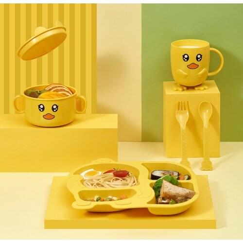 Childrens plate bowl cup set divided grid small yellow duck cartoon baby anti-fall tableware baby food supplement bowl