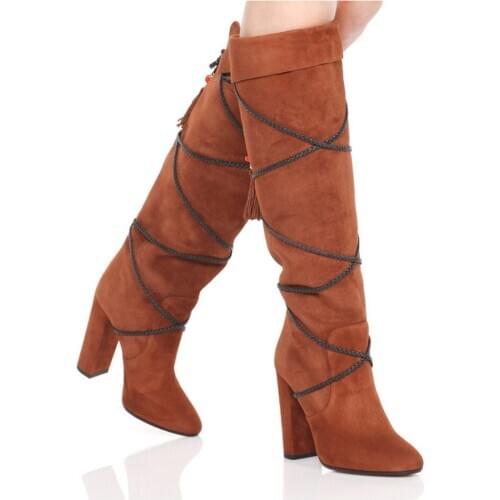 Designer Brown Black Block Heeled Winter Knee High Boots Women Pointed Toe Gladiator Fringe Tassel Booty Plus Size 43