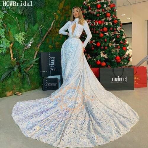 Dubai Mermaid Evening Dress Long Sleeve High Neck Crystal Sequin Prom Gown With Detachable Train Customize Special Occasion Gown