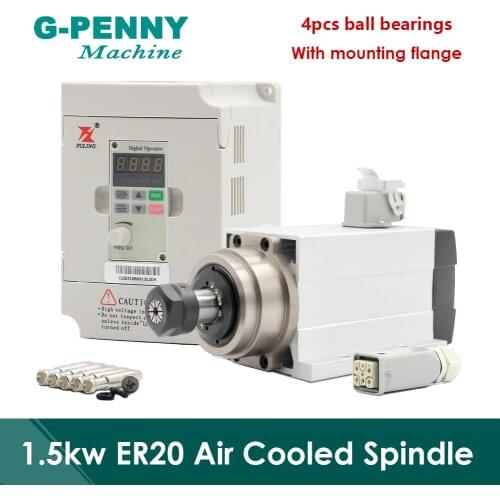 220v 380v Spindle motor 1.5kw ER20 Air Cooled with flange square spindle air cooling with 1.5kw VFD Variable Frequency Drive