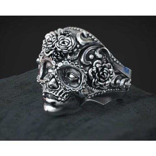 FDLK Unique Silver Color Carbide Heavy Sugar Skull Ring Mens Mandala Flower Biker Punk Jewelry Size 7-14