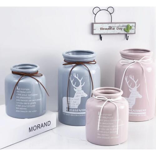 1pc Reindeer Vase Ceramic Flower Vase with Rope Bowknot Design Hydroponic Container Home Decoration Centerpiece
