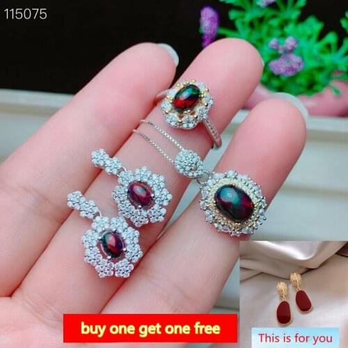 KJJEAXCMY fine Jewelry 925 sterling silver inlaid natural black opal new girl lovely pendant ring earring set support test
