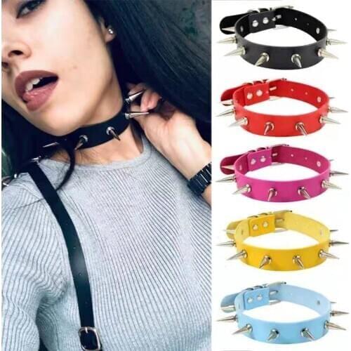Black Leather Spike Rivet Choker Necklace Studded Collar for Women Men Party Club Chockers Gothic Sexy Cosplay Jewelry