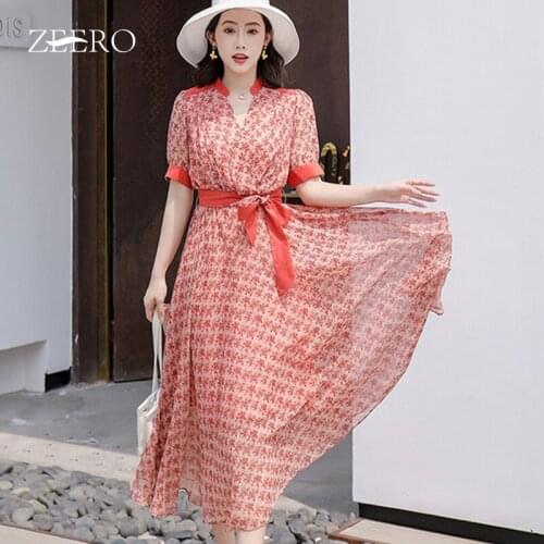 Summer Chiffon Skirt Women Floral Printing Short Sleeve V-Neck A-line Long Dress Lady High Waist Belt Holiday Dresses Plus Size