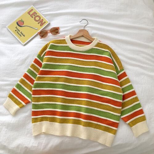 Fashion Stripe Rainbow Colors Vintage Woman Casual Sweater Kawaii Cute Autumn Color Contrast Aesthetic Womens Clothing