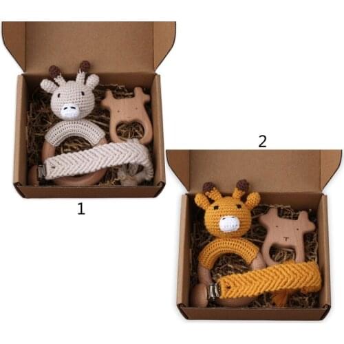 Pacifier Clip Set Braided Pacifier Chain Wooden Deer Ring with Teether Beech Baby Pacifier Accessories Yellow/White Set