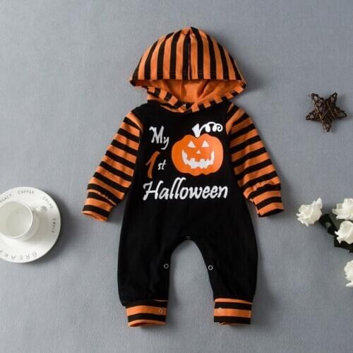 Halloween Autumn Baby Girl Long Sleeve Halloween Cartoon Letter Stripe Print Hoodie Rompers Kids Boy Jumpsuit