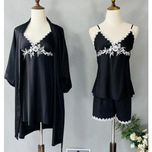 Sleepwear Satin 4PCS Pajamas Suit Women V-Neck Lace Nightwear Comfy Robe Kimono Bath Gown Loose Sexy Loungewear Soft Pyjamas