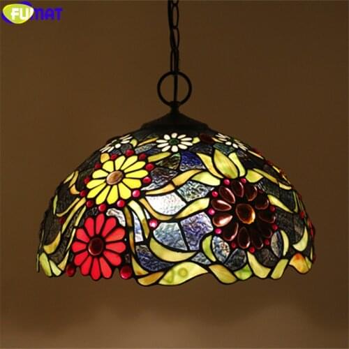 FUMAT Yellow Red Chrysanthemum Tiffany Pendant Lamp Multi Color Stained Glass Vine Hanging Light Fixture Handicraft Decor 16"