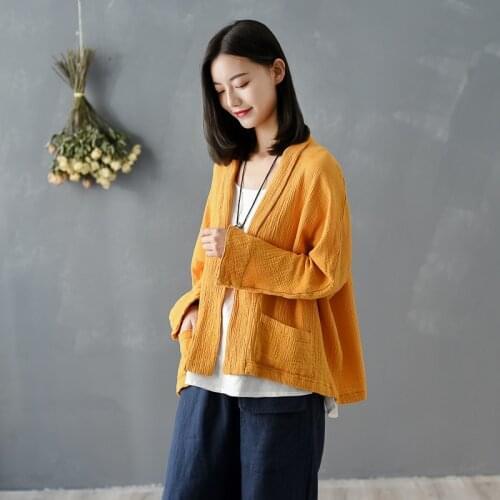 QPFJQD Ladies Retro Cotton Linen Jackets Outerwear Vintage Coat V Neck Full Sleeve Women 2021 Autumn Summer Tops Solid Color