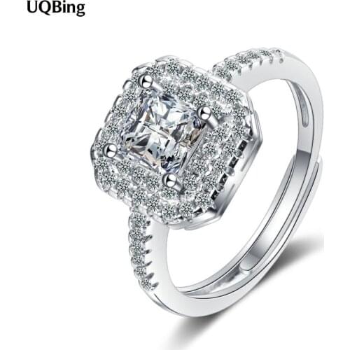 Luxury 925 Sterling Silver Clear CZ Zircon Square Adjustable Wedding Rings For Women Gifts Jewelry