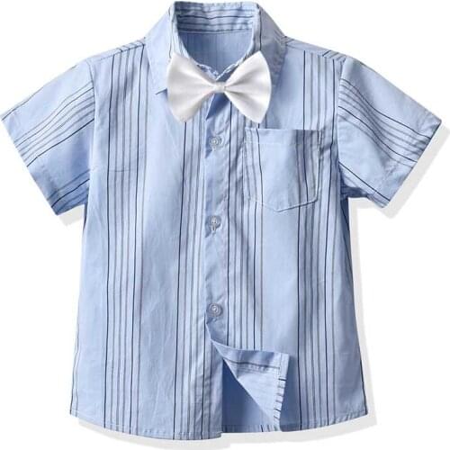 Baby Boys Shirts Summer Boys Clothes Stripe Bow Tie Short Sleeve Formal Kids Shirt For Boys Children Tops