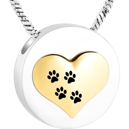 Heart Round Urn Necklace with Pet Paw Print Charm Cremation Ashes Jewelry Keepsake Memorial Pendant for Women Stainless Steel