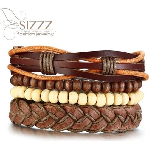 SIZZZ 2020 Fashion wooden beads PU leather woven four-piece set bracelet&bangles for men