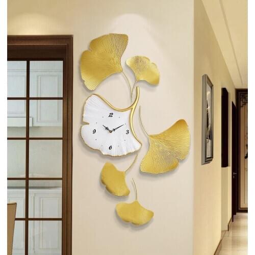 Modern Luxury Metal Ginkgo Leaf Resin Wall Clock Ornaments Home Livingroom Wall Sticker Crafts Lobby Hotel Wall Mural Decoration