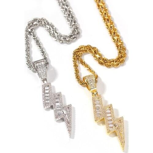 Hip Hop Mens Gold Color Lightning Pendant Necklace Ice Out Cuban Jewerly Neckalce Chain Hip Hop For Men