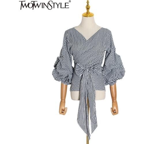 TWOTWINSTYLE White Striped Lace Up Bowknot Shirt For Women V Neck Puff Sleeve Elegant Short Tops Female Fashion New Clothing