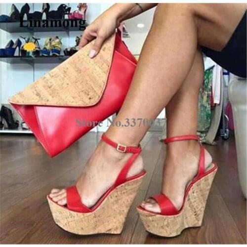 Sexy Summer Women Open Toe High Platform Wedge Sandals Ankle Strap Buckle Red White Height Increased Wedge Sandals Dress Heels