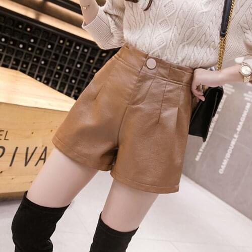 High Waist Slim Womans Shorts Korean Fashion Wide Leg Leather Shorts Women 2020 Autumn Winter Solid Pu Leather Casual Clothing