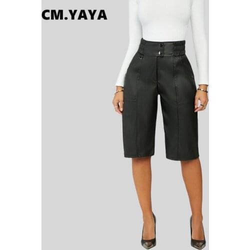 CM.YAYA Women PU Pants Faux Leather Zipper Button Loose Straight Knee Length Pants with Pocket Office Lady Fashion Trousers Fall