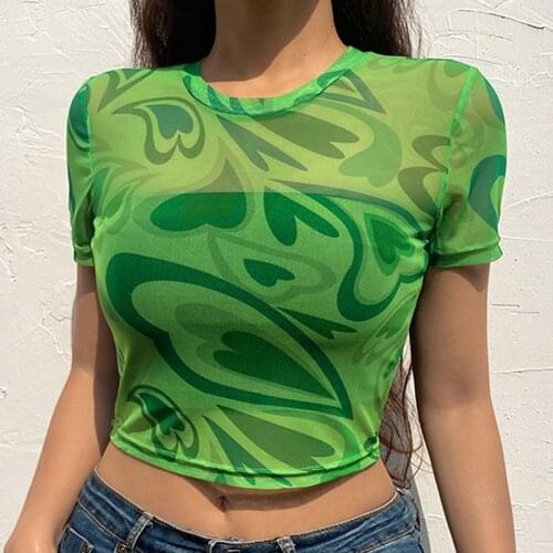 Women Sexy Sheer Mesh T-Shirts Female Short Sleeve Crew Neck Heart Print Slim Fit Crop Tops Green Pink Orange