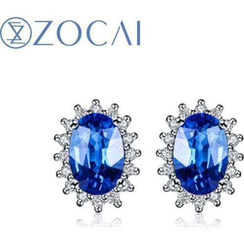 ZOCAI brand passion Genuine 18K white gold 1.0 ct top Sri Lanka sapphire with 0.10 ct diamond engagement stud earrings E00385