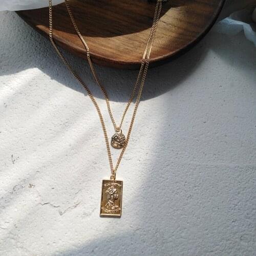 2021 new fashion retro gold metal double layer necklace ladies trend hip hop beauty head coin pendant women necklace jewelry
