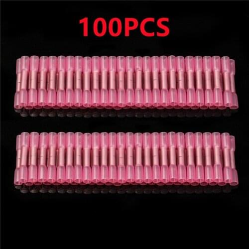 100pcs Red 22-18 AWG Heat Shrink Butt Cable Wire Crimp Connector 0.5-1.5mm2 Electrical Terminals Quick Connect Connector BHT1.25